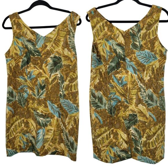 Vtg Mini Shift Dress Sz 10 Leaf Print Sleeveless V-Neck Brown Topical Resort - Picture 1 of 11